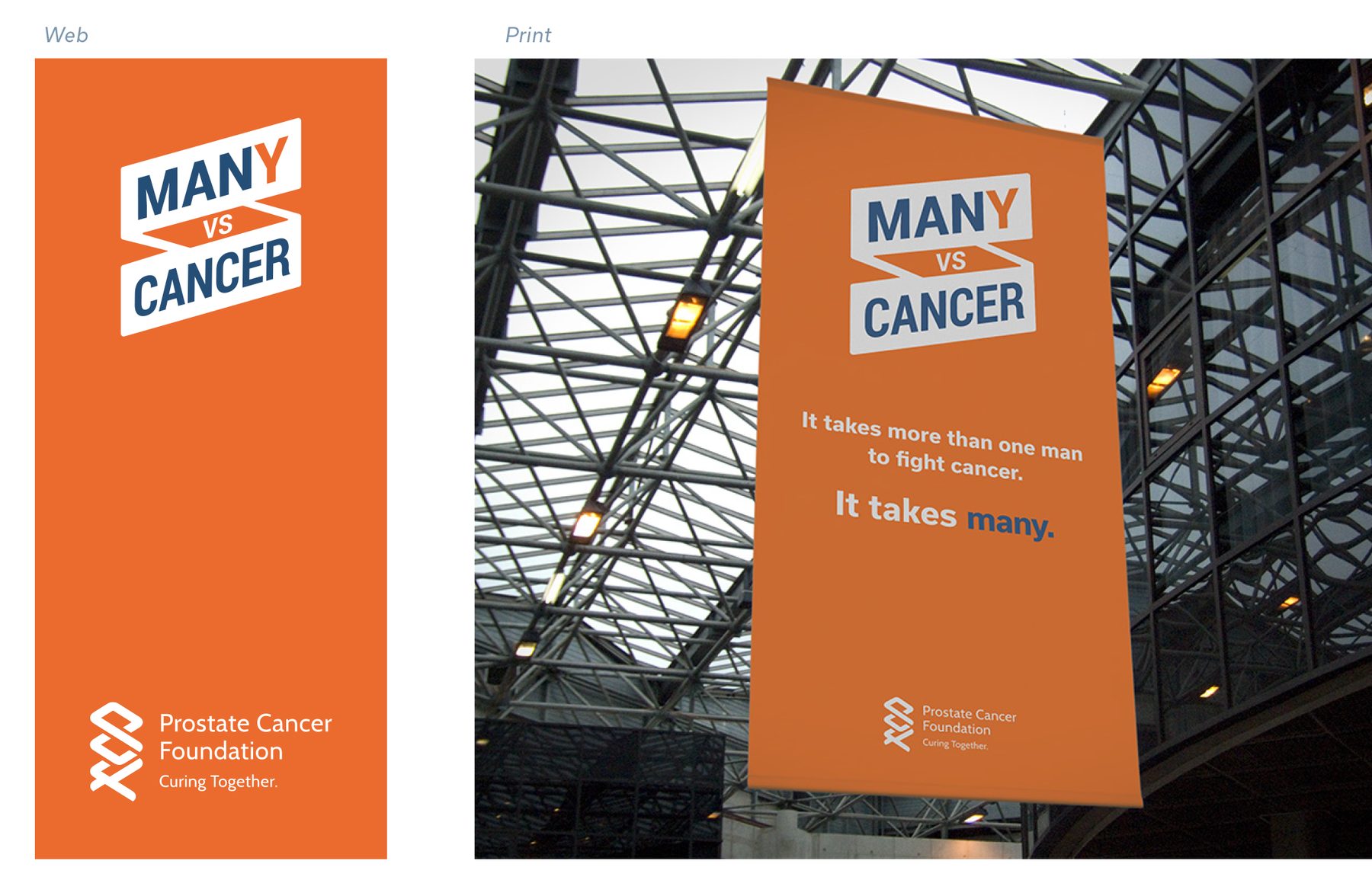 The Many vs Cancer brand as a web banner and as a large hanging banner in a glass atrium.