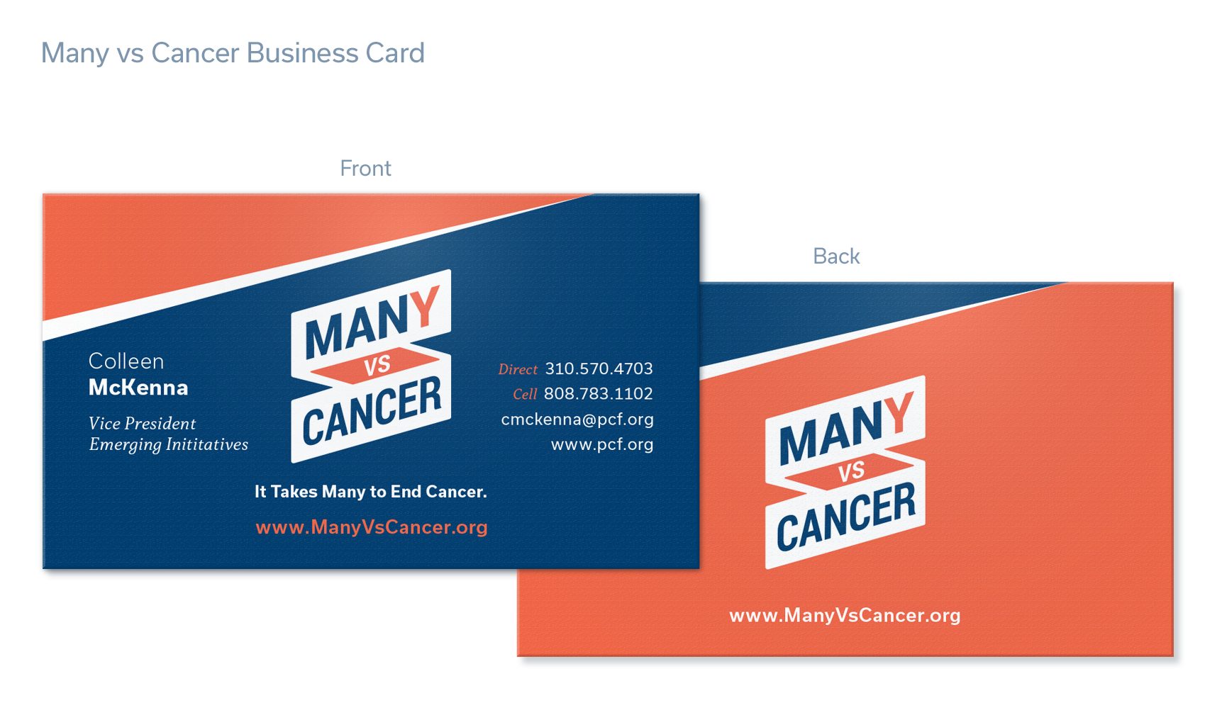 Many vs Cancer business card, front and back, in navy and orange with the diagonal shape language.