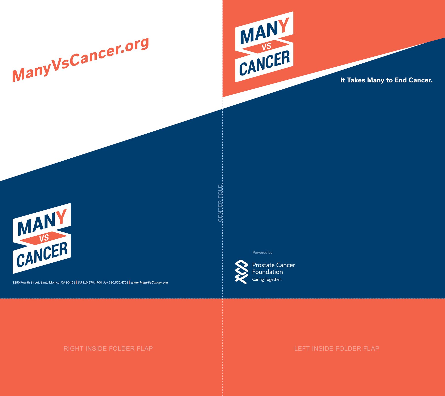 Nine by twelve presentation folder in orange and navy with the Many vs Cancer mark and the PCF logo marked Powered by.