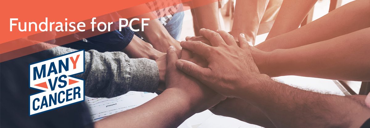 Fundraising page banner showing a group of hands stacked together, with the Many vs Cancer mark and an orange diagonal overlay.