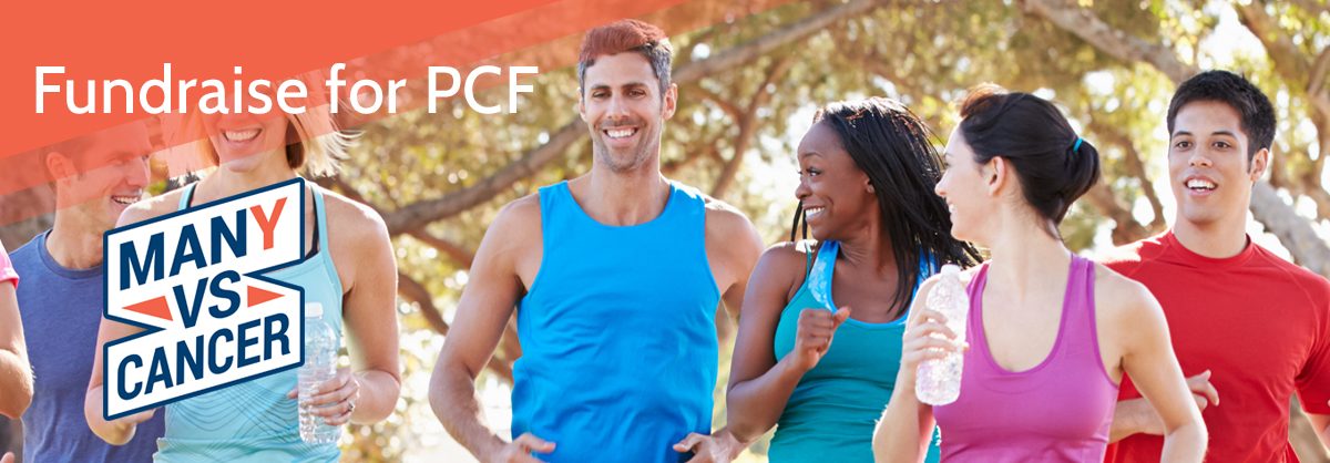 Fundraising page banner showing a group running outdoors, with the Many vs Cancer mark and an orange diagonal overlay.