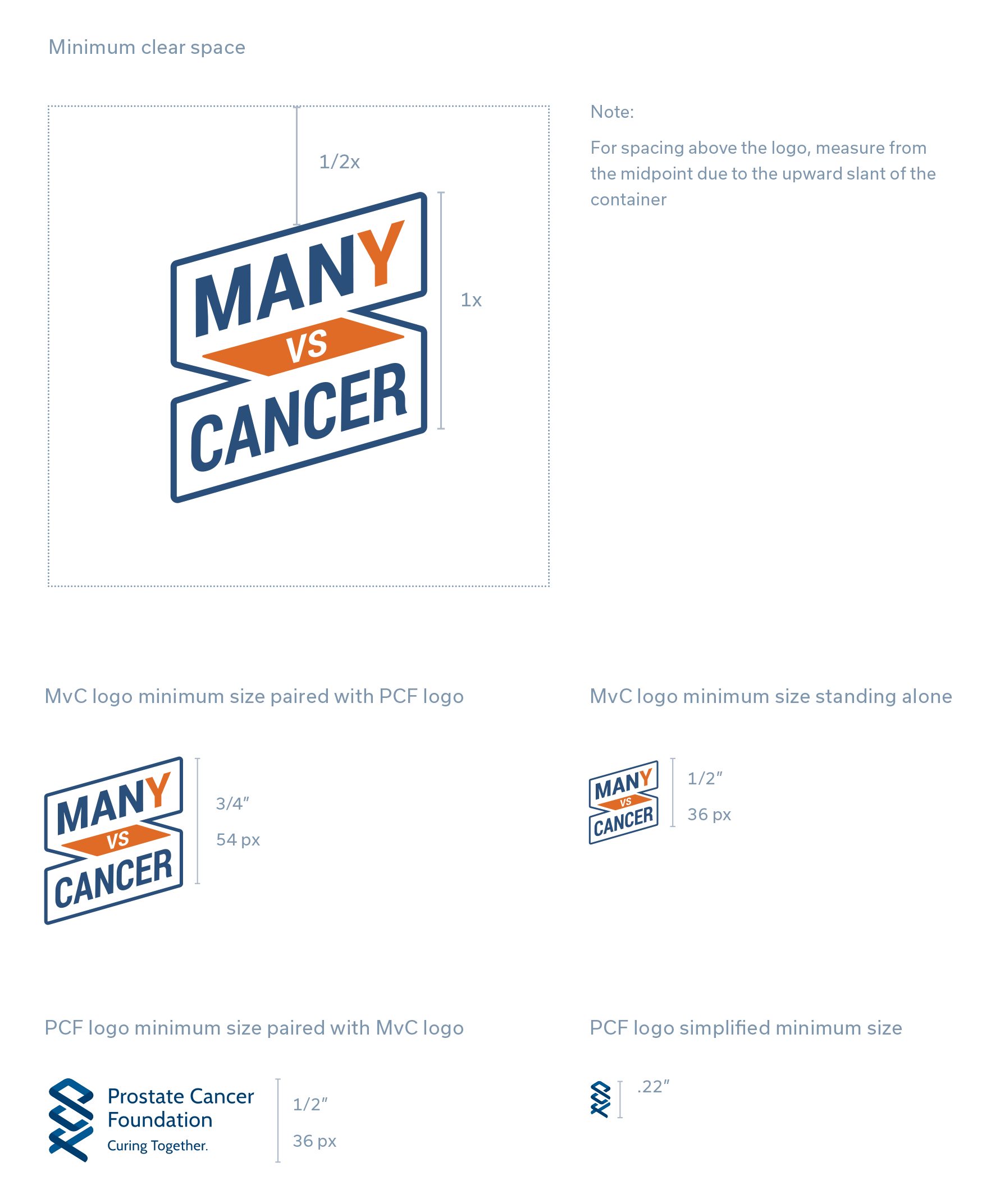 Guideline page specifying clear space and minimum sizes for the Many vs Cancer mark alone and paired with the PCF logo.