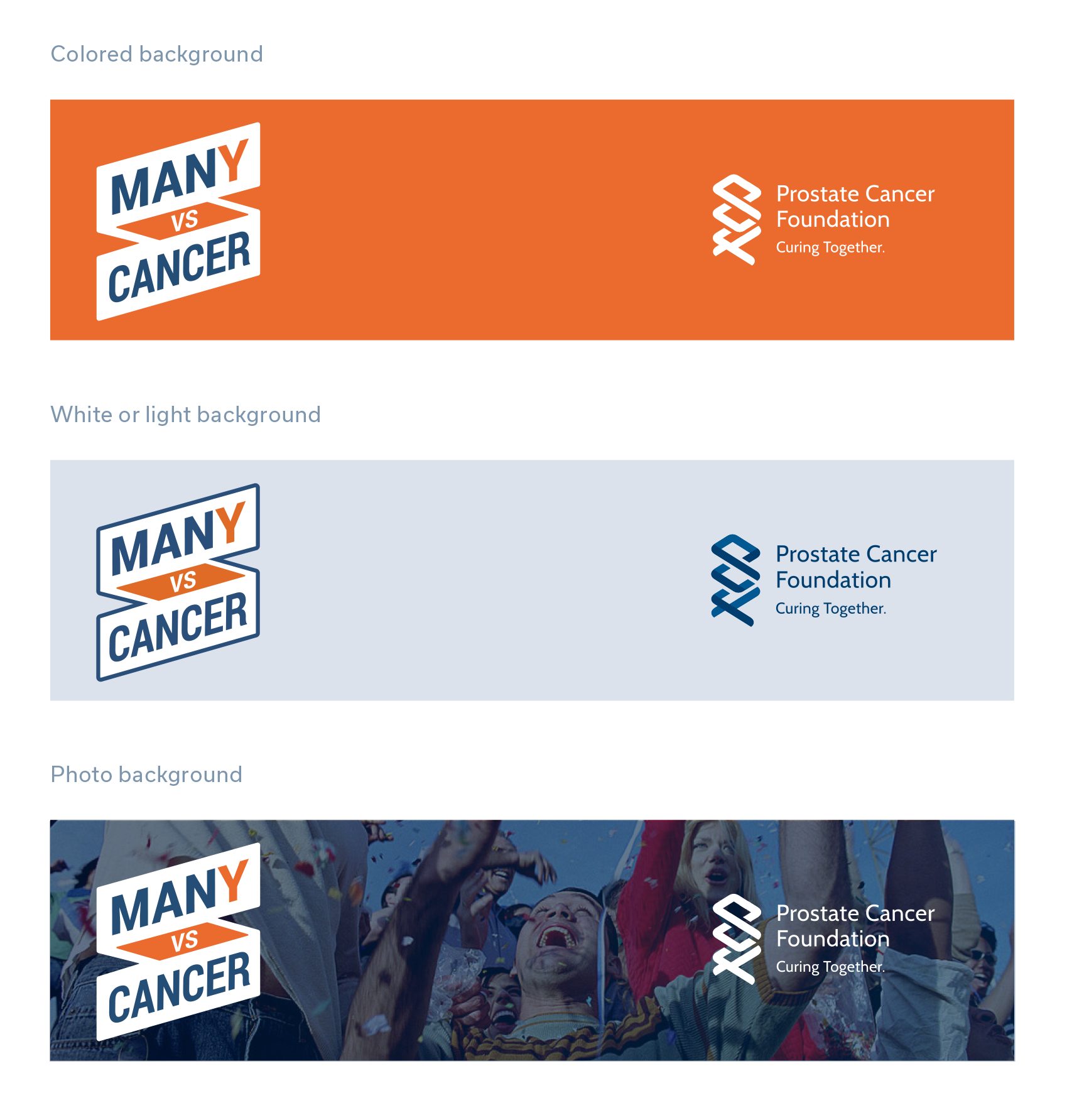 Guideline page showing the two brands paired on colored, light, and photographic backgrounds.
