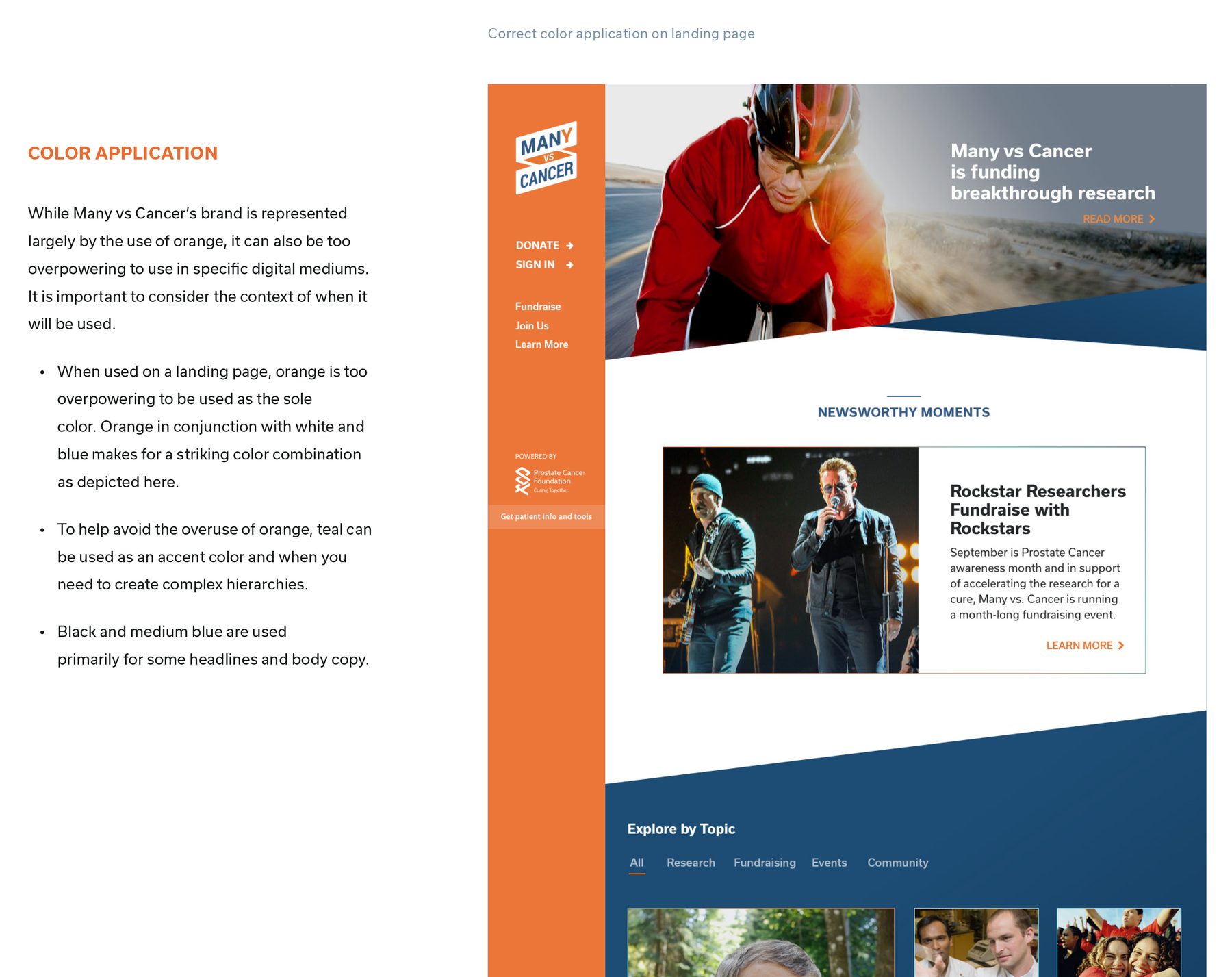 Guideline page showing correct color application on a landing page, with orange, white and blue in balance.