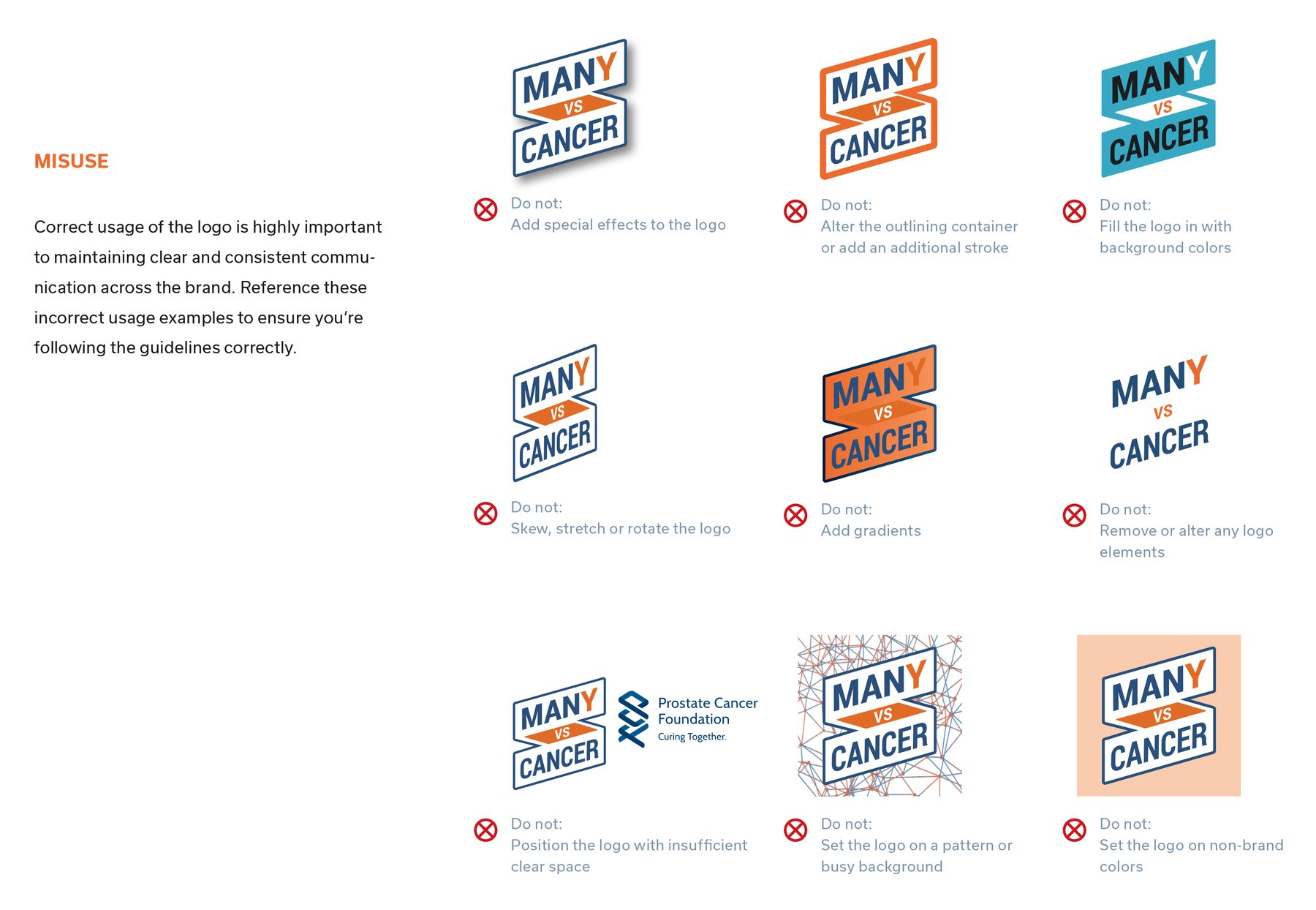 Guideline page documenting nine incorrect uses of the Many vs Cancer logo.