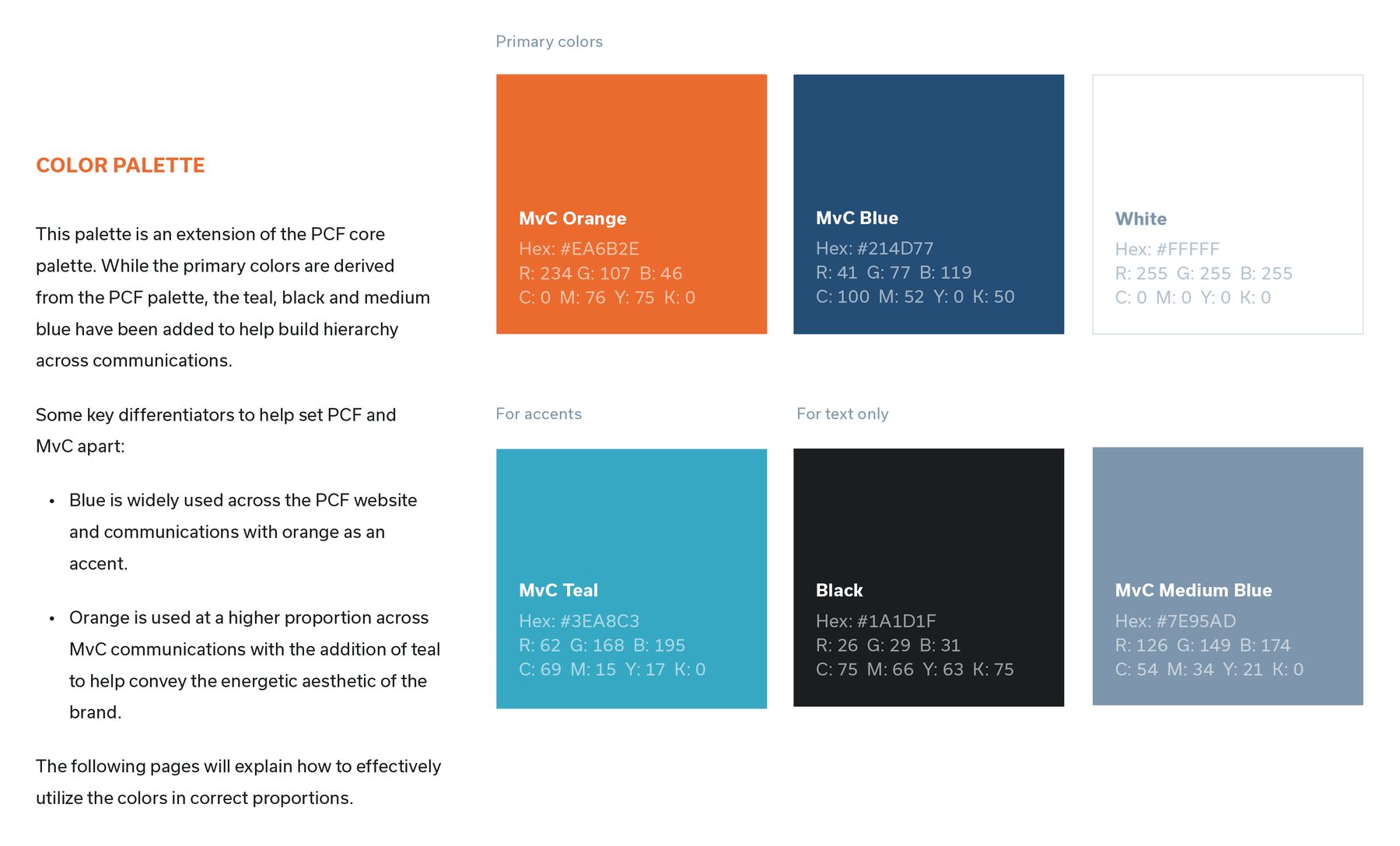 Guideline page showing the Many vs Cancer palette as an extension of the PCF core palette, with teal, black and medium blue added.