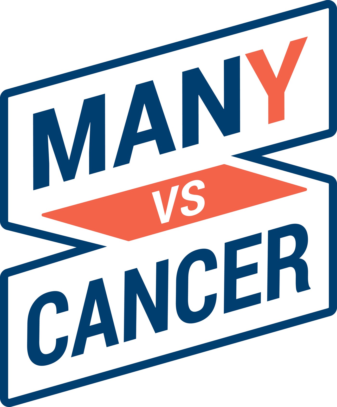 The Many vs Cancer mark: a skewed banner reading MANY VS CANCER in condensed navy capitals with orange accents.