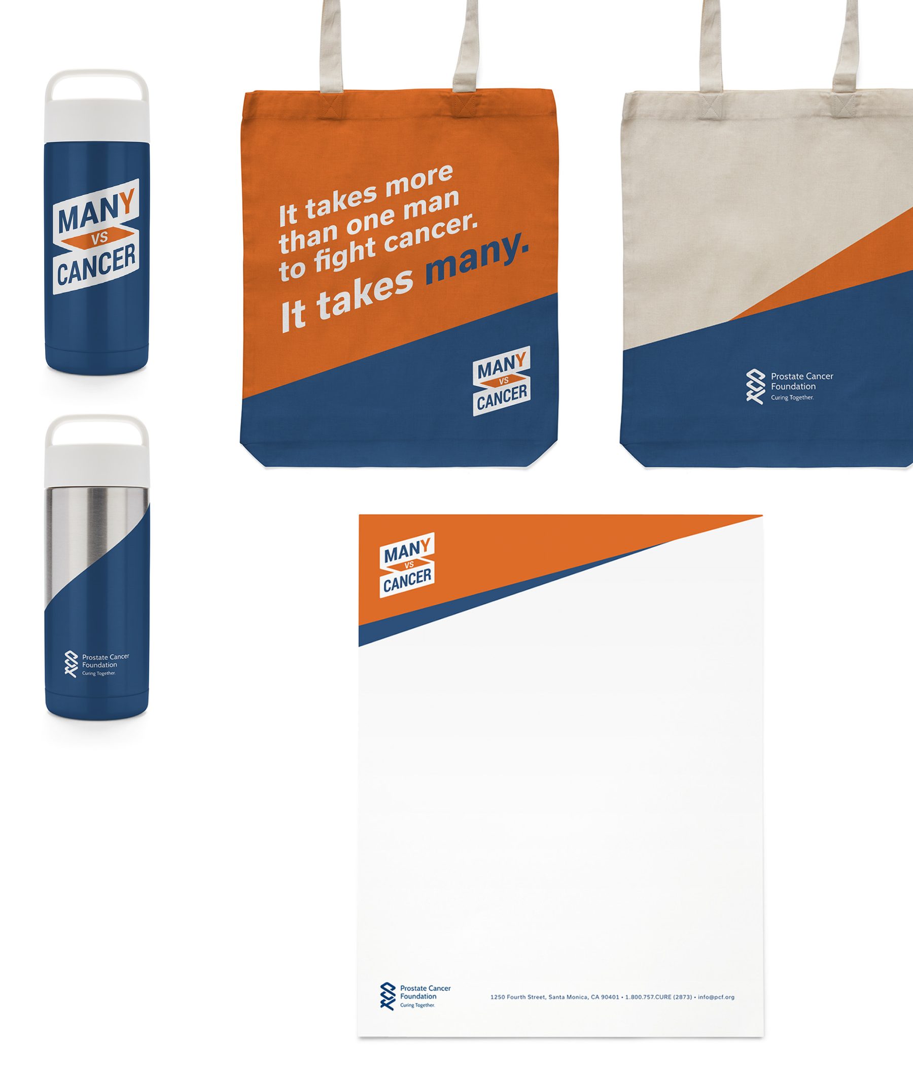 Many vs Cancer bottles, tote bags and letterhead using the diagonal shape language in orange and navy.