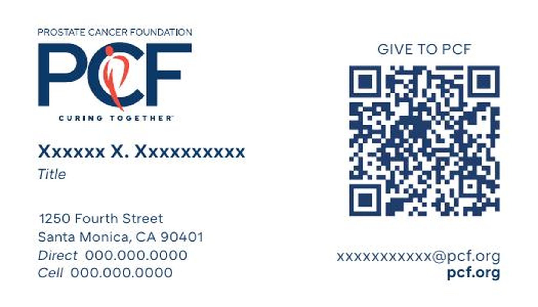 Business card back with the PCF mark and a QR code linking to the donation page.