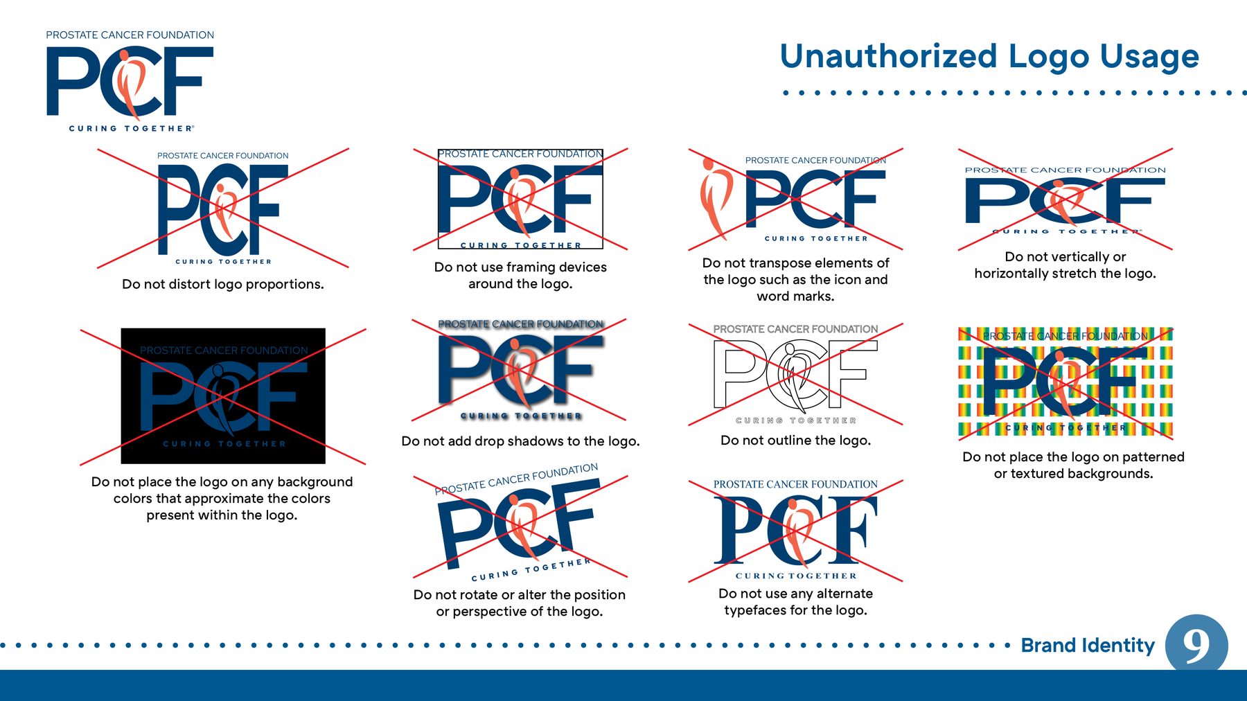 Guideline page documenting eleven unauthorized uses of the logo, each crossed out in red.