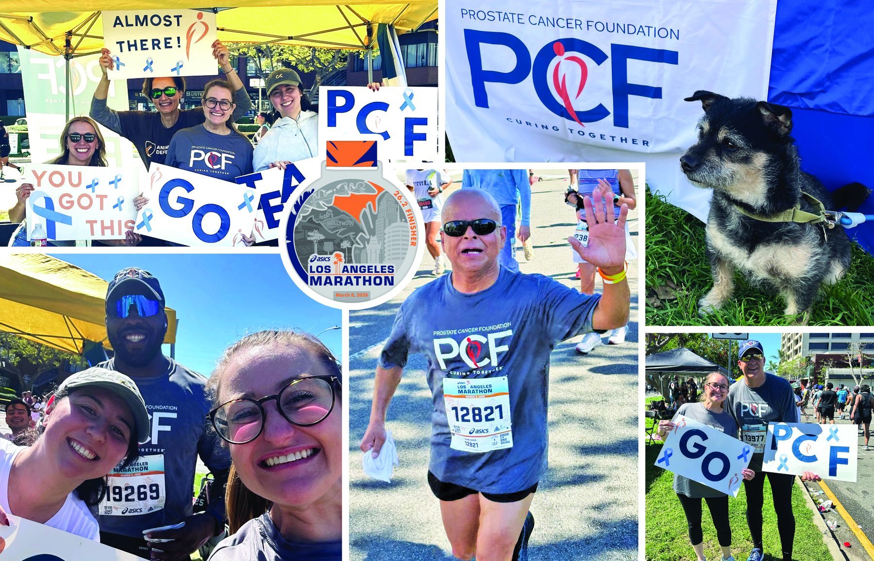 Supporters at the Los Angeles Marathon wearing PCF shirts and holding signs made with brand elements.